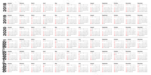 Year 2018 2019 2020 2021 2022 2023 calendar vector