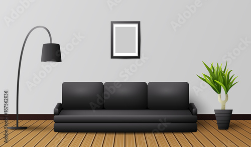Modern living room interior with black sofa and lamp