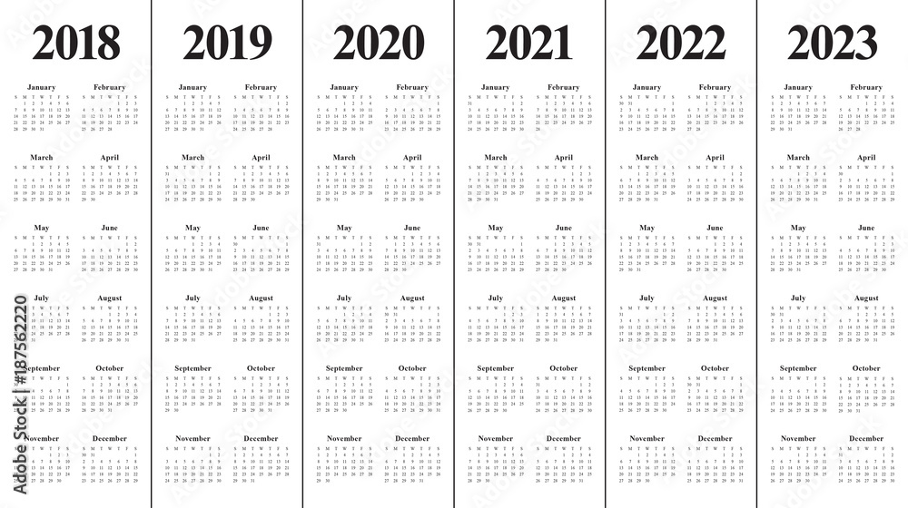 Year 2018 2019 2020 2021 2022 2023 calendar vector Векторный объект Stock |  Adobe Stock