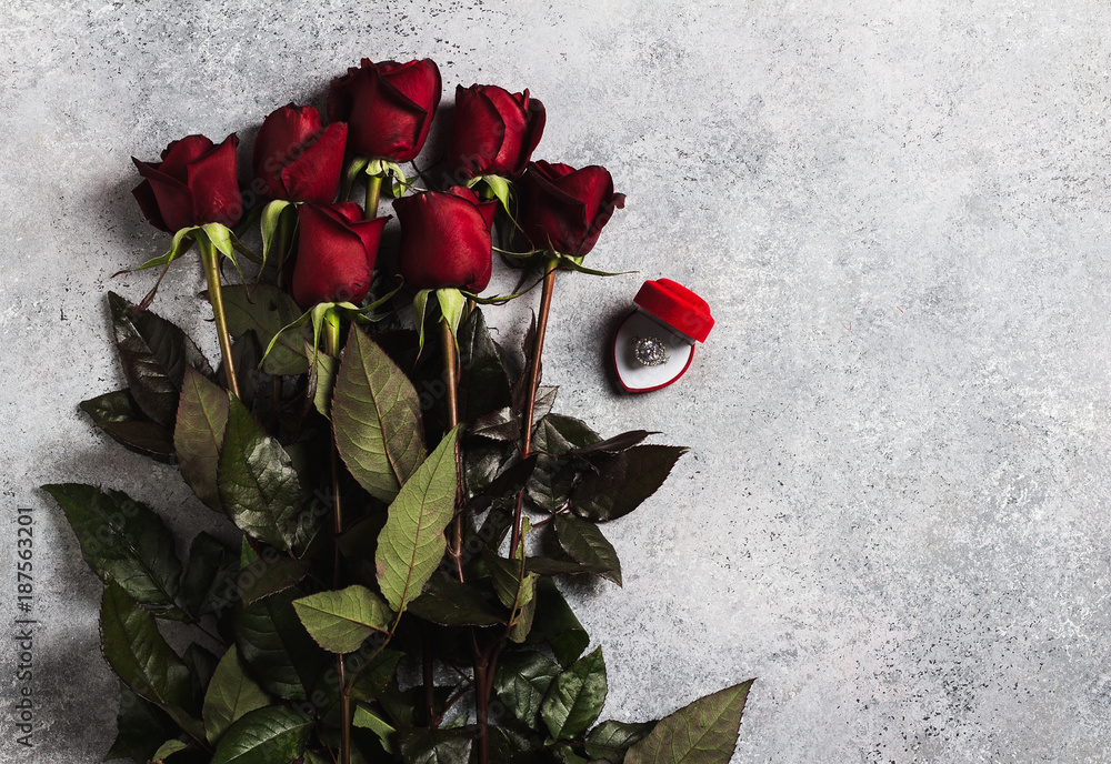 Valentines day marry me wedding engagement ring in box with red rose gift