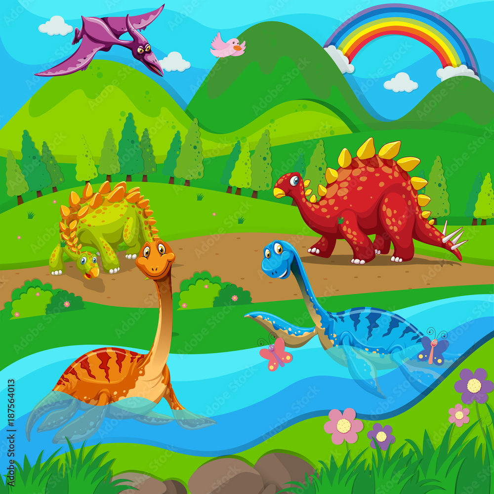 Fototapeta Tło scena z dinosaurami rzeką