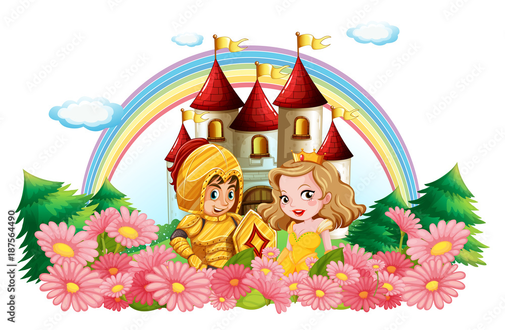 Fototapeta Knight and princess in flower garden