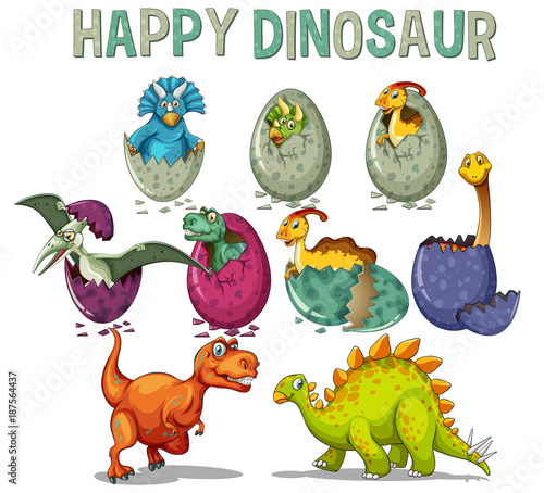 Happy dinosaur with dinosaurs hatching eggs