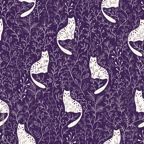 Seamless floral vector pattern with white cats