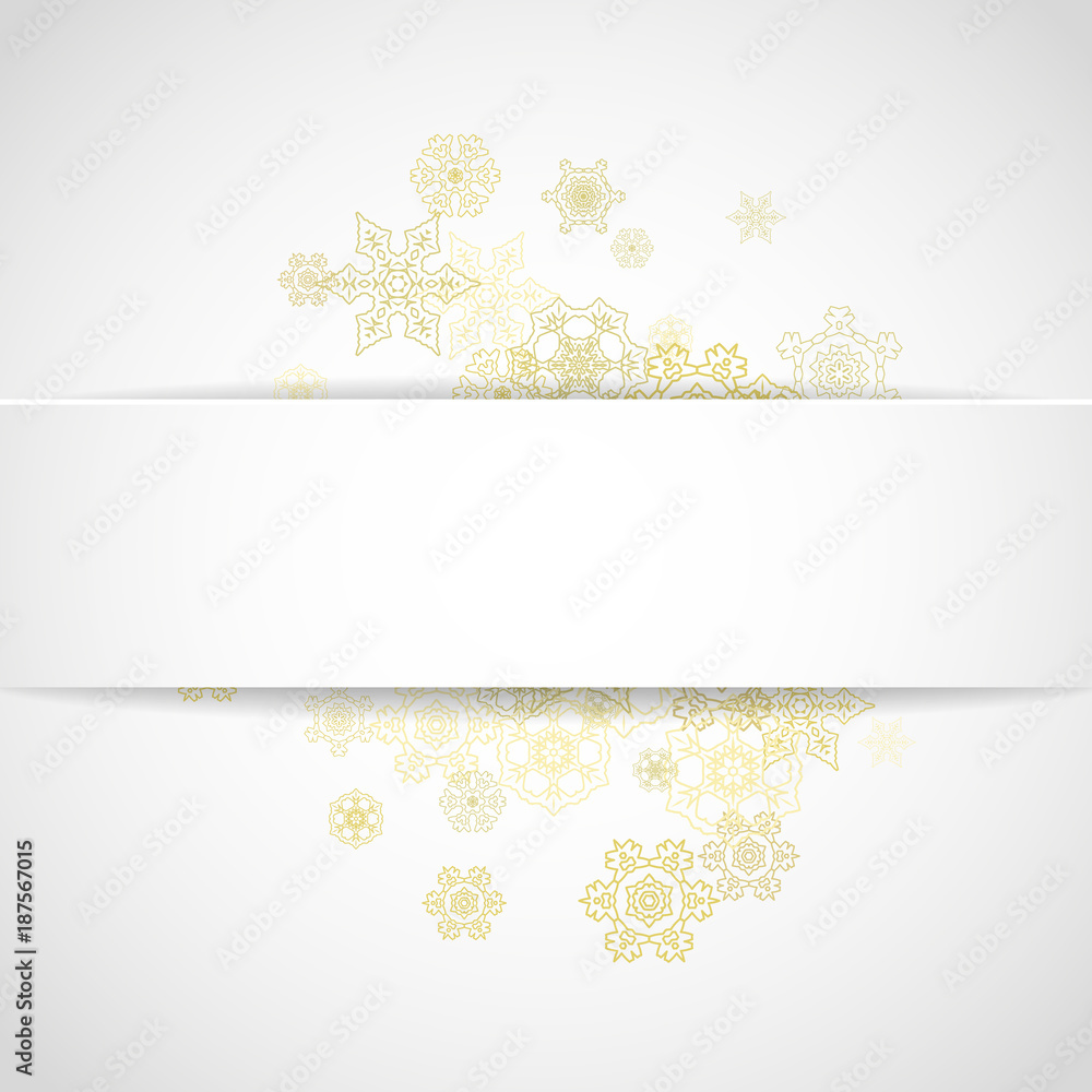 Christmas snow on white background. Glitter frame for winter banners, gift coupon, voucher, ads, party event. Paper banner with golden Christmas snow. Square falling snowflakes for holiday Christmas snow on white background. Glitter frame for winter banners, gift coupon, voucher, ads, party event. Paper banner with golden Christmas snow. Square falling snowflakes for holiday