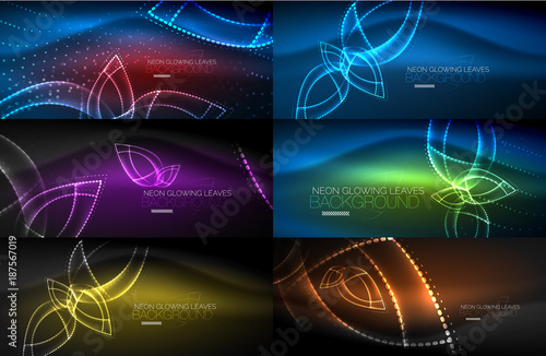 Set of neon leaves abstract backgrounds