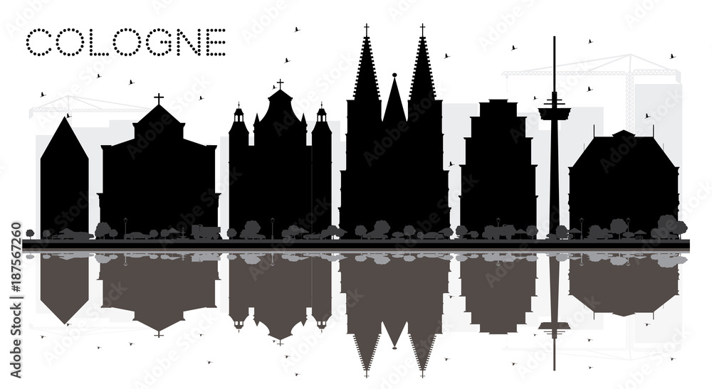Cologne Germany City skyline black and white silhouette with Reflections.