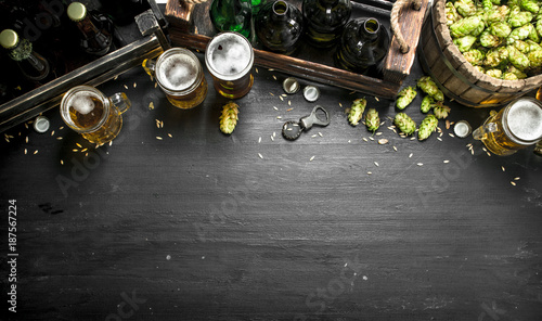 Beer background. Fresh beer and ingredients. photo