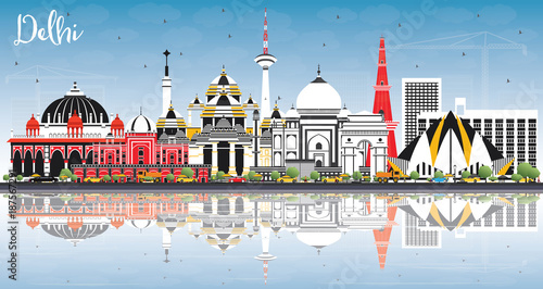 Delhi India City Skyline with Color Buildings, Blue Sky and Reflections.