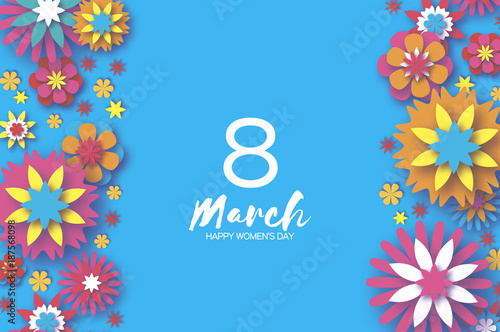 8 March. Colorful Happy Women's Day. Trendy Mother's Day. Paper cut Floral Greeting card. Origami flower. Space for Text. Spring blossom on sky blue. Seasonal holiday. odern paper vertical decoration.