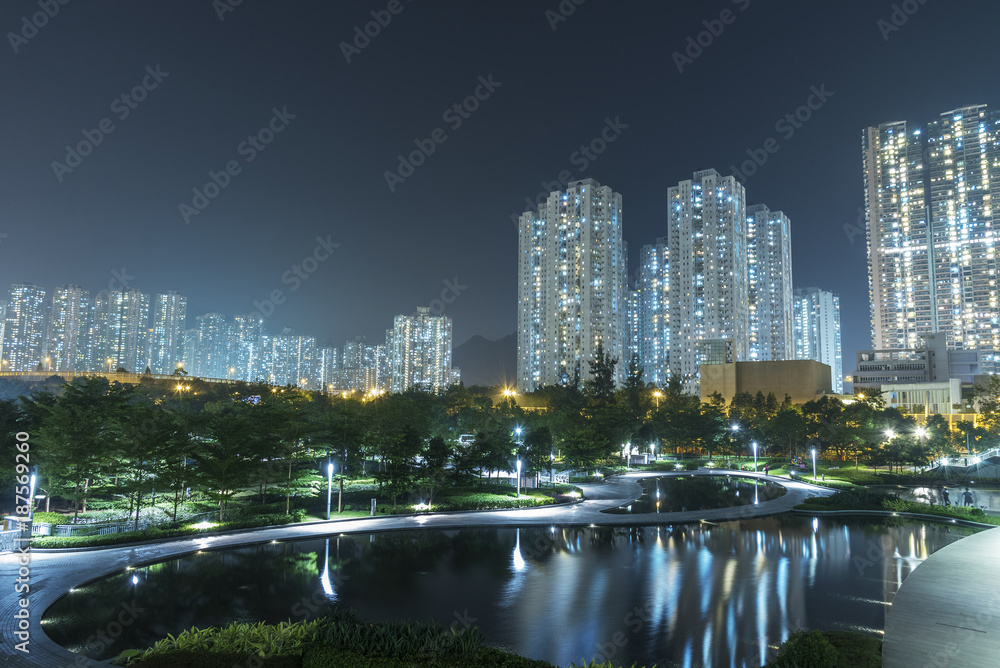 High rise residential building and public park in Hong Kong city