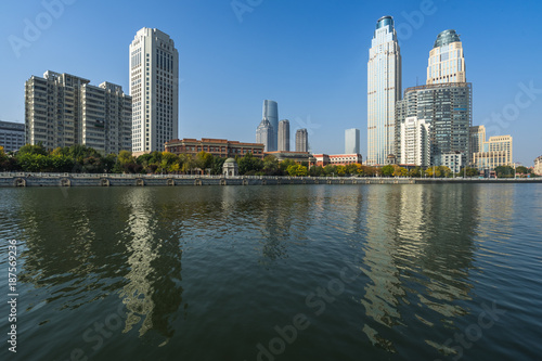modern city waterfront downtown skyline China.