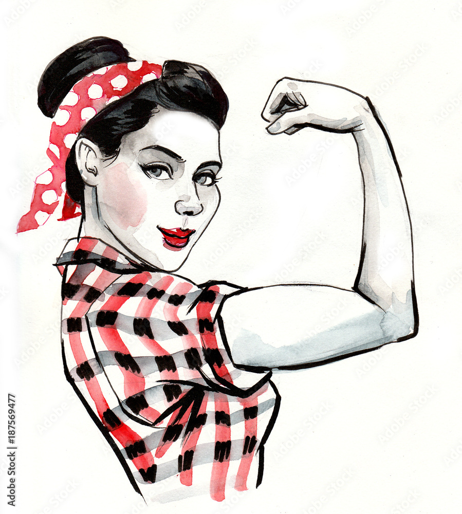 Strong pin up style woman flexing a biceps. Stock Illustration | Adobe Stock