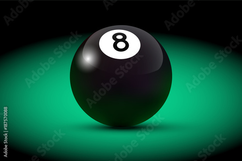 Black realistic billiard eight ball on green table. Vector billiard illustration.