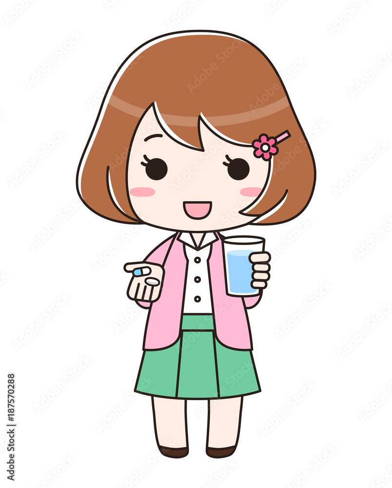 サプリとお水を持つ女性 全身 サプリとお水を持つ女性 全身