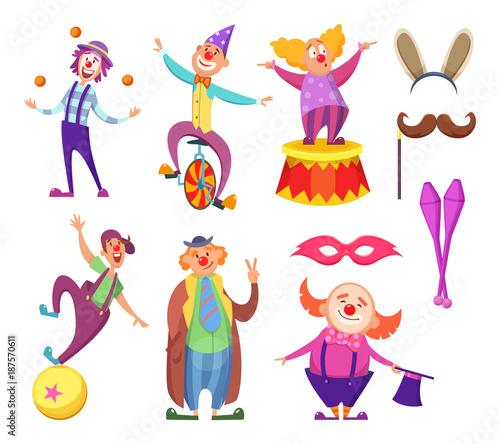 Funny clowns characters and different circus accessories