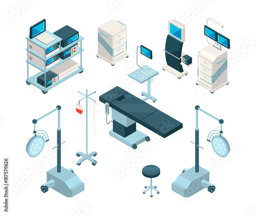 Isometric illustrations of medical equipment in operating room. Hospital pictures set