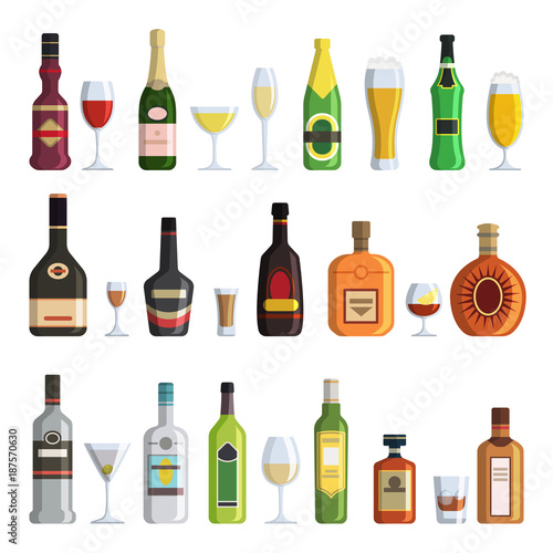 Illustrations of alcoholic bottles and glasses in cartoon style