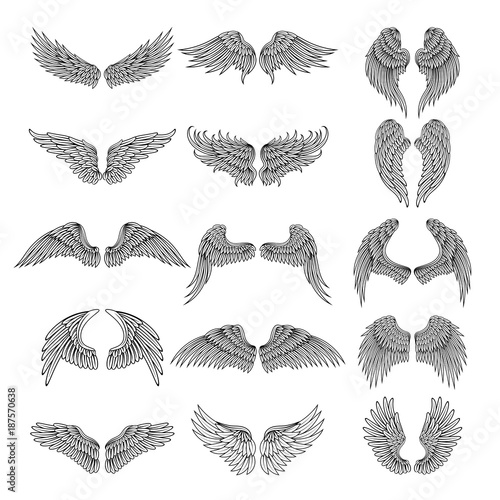 Tattoo design pictures of different stylized wings. Vector illustrations for logos design