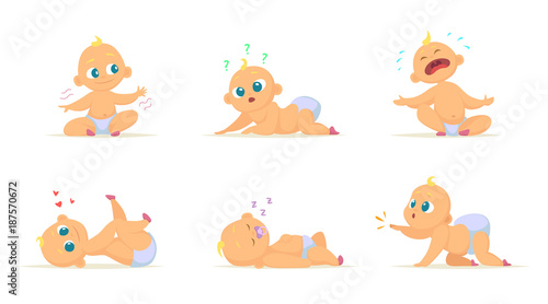 Funny characters set of babies in different poses. Vector characters isolate on white
