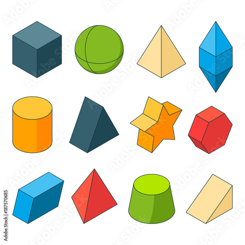 3d model of geometry shapes. Colored pictures sets. Pyramids, stars, cube and others
