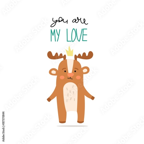 Cute vector card with a declaration of love and a cartoon moose.