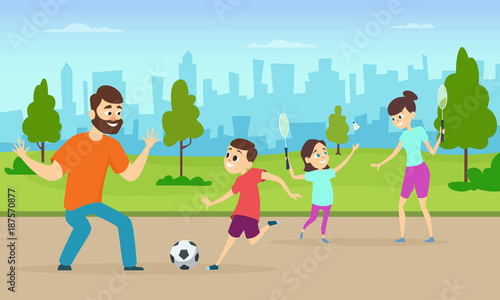 Illustrations of active parents playing sport games in urban park. Funny family couples in cartoon style