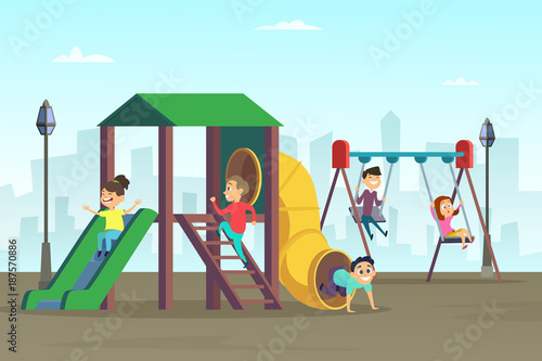 Happy childhood. Kids playing on playground. Area at public park