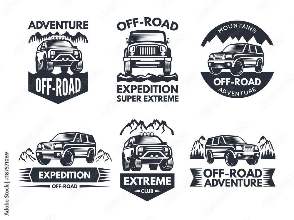 Off road symbols. Labels with 4x4 truck. Logos or labels with suv cars