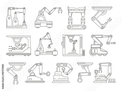 Robotic machines for production. Mono line vector pictures set
