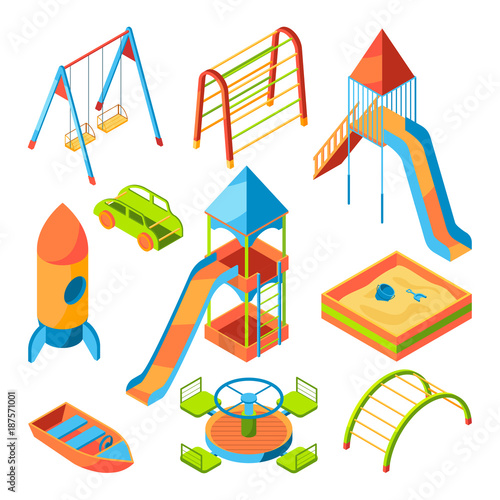 Vector isometric pictures of kids playground with different toys