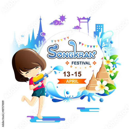Young girl holding water gun enjoy splashing water in Songkran festival, Thailand-Vector Illustration