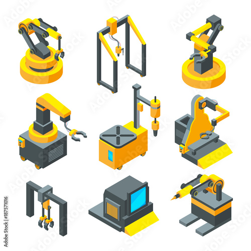 Isometric pictures of machinery. Factory machine tools