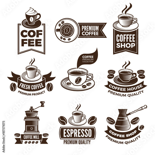 Monochrome coffee labels in retro style. Vector illustrations set with place for your text