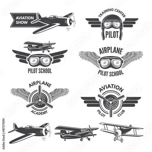 Labels set with illustrations of vintage airplanes. Travel pictures and logo for aviators