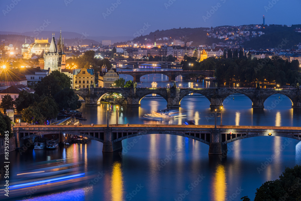 Vltava River and Prague cityscape at sunset. Czech Republic..