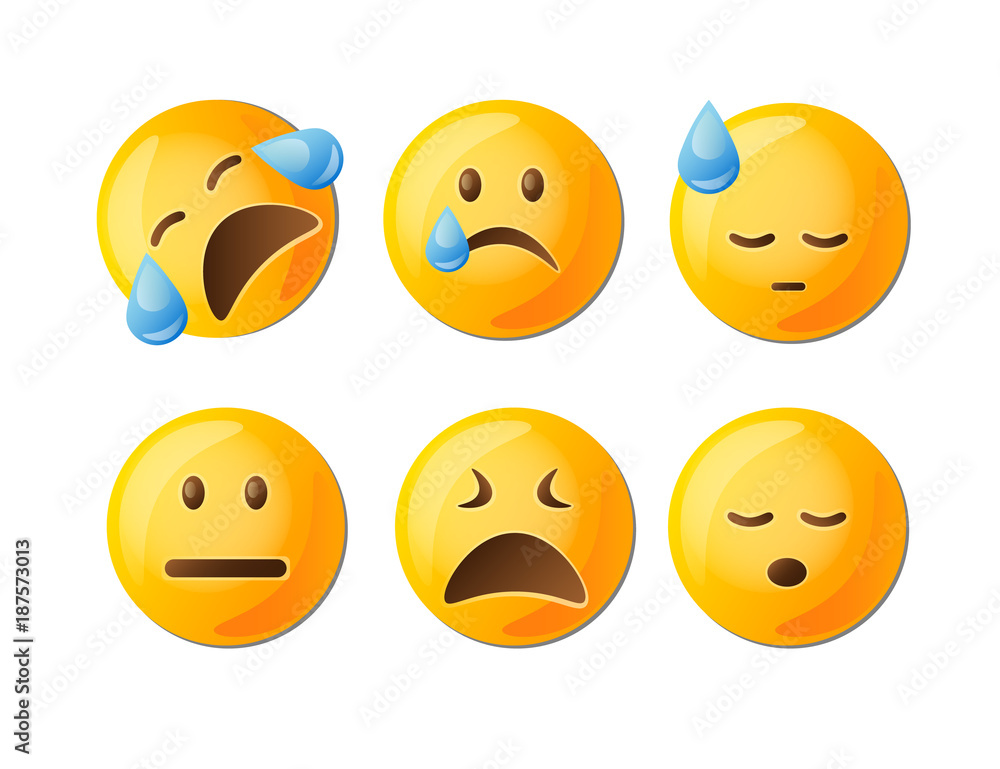 Sad emoticons set in yellow with facial.