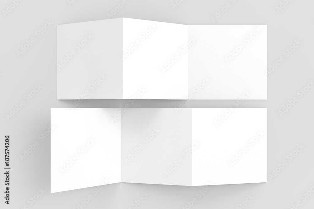 Three fold - trifold square brochure mock up isolated on soft gray background. 3d illustrating Three fold - trifold square brochure mock up isolated on soft gray background. 3d illustrating