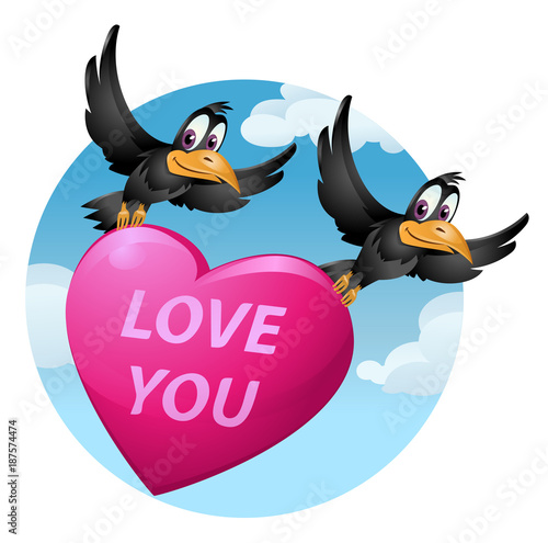 Love you. Flying funny crows carries a big heart for valentines day. Cartoon styled vector illustration. Elements is grouped. No transparent objects.