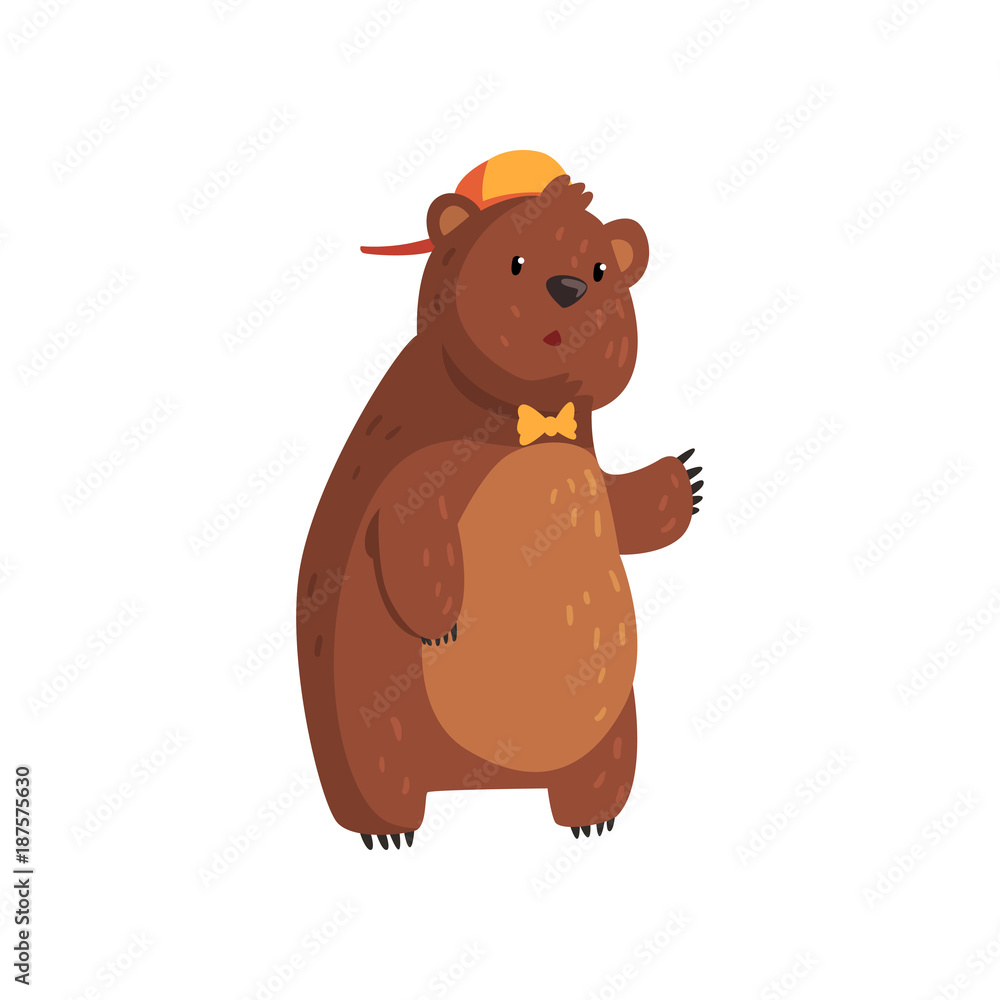 Teen bear standing isolated on white. Cartoon character with brown fur, small rounded ears and paws with claws. Wild animal in orange cap and bow tie. Flat vector Teen bear standing isolated on white. Cartoon character with brown fur, small rounded ears and paws with claws. Wild animal in orange cap and bow tie. Flat vector