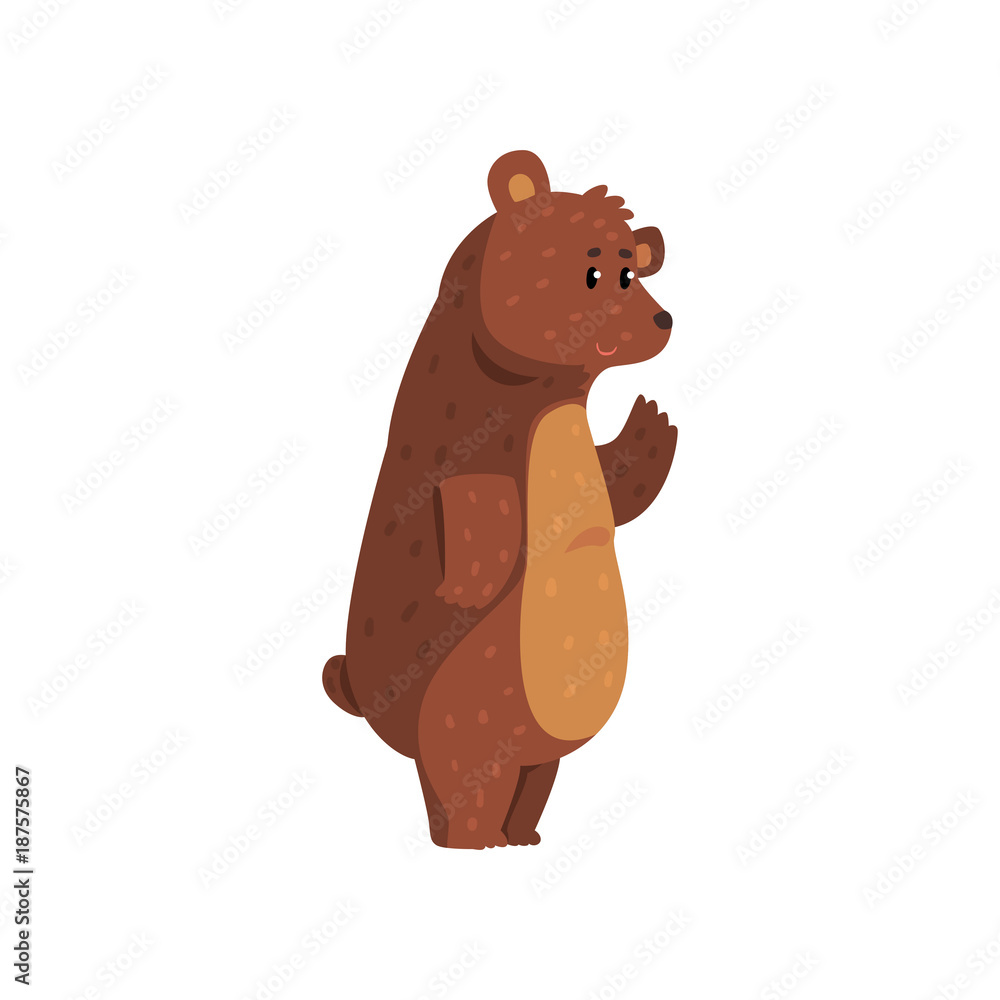 Friendly smiling bear waving his paw. Funny grizzly with brown fur, short tail and small ears. Cartoon wild animal. Flat vector for network sticker, card or kids book Friendly smiling bear waving his paw. Funny grizzly with brown fur, short tail and small ears. Cartoon wild animal. Flat vector for network sticker, card or kids book