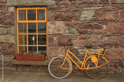 Old bike leaning against the wall and window