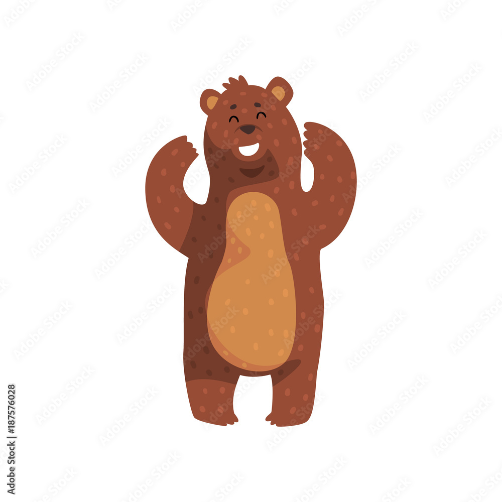 Fototapeta premium Cheerful grizzly bear standing with paws up. Cartoon wild animal with white teeth, small ears and brown fur. Forest creature. Flat vector for sticker, print, postcard