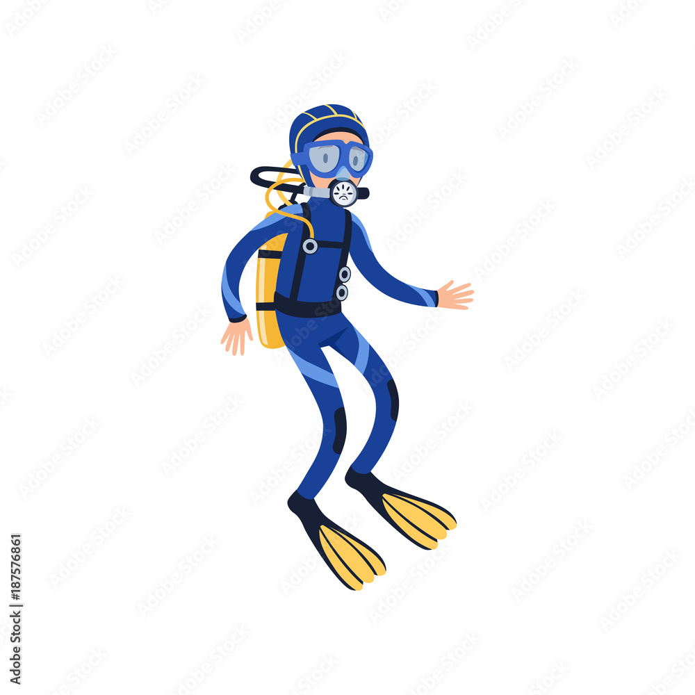 Cartoon man character in special diving costume, mask, flippers and equipment for breathing gas. Snorkeling concept. Underwater sport. Flat vector design Cartoon man character in special diving costume, mask, flippers and equipment for breathing gas. Snorkeling concept. Underwater sport. Flat vector design