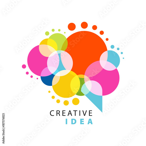 Creative idea logo template with abstract colorful speech bubble. Educational business, development center label. Power of thinking concept. Flat vector isolated on white