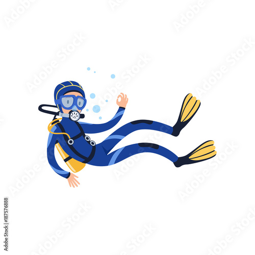 Professional diver swimming underwater and showing OK gesture. Cartoon man character in wetsuit, mask, flippers and aqualung on back. Extreme water sport. Flat vector design