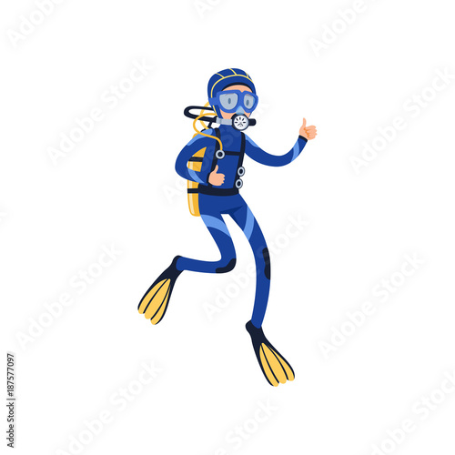 Diver swimming underwater and showing thumb up. Man in special diving costume, mask, flippers and breathing gas on back. Extreme underwater sport. Flat vector design