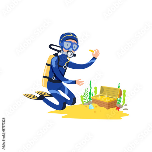 Lucky diver found treasure chest on sandy ocean floor. Cartoon man in diving suit, swimming goggles, flippers and breathing gas on back. Isolated flat vector design