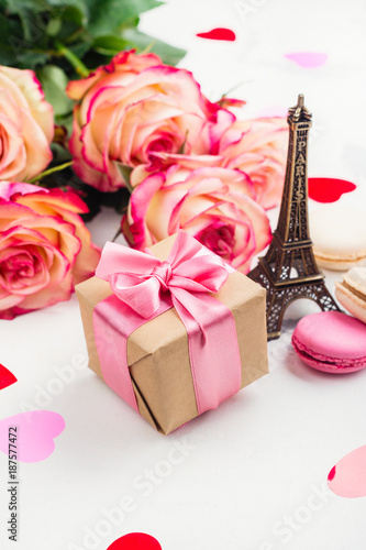 Valentines day background with roses, eiffel tower and decorative hearts