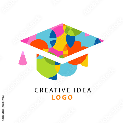 Creative idea logo template with flat icon of graduate s cap. Educational business company, children learning and developing center. Vector isolated on white.